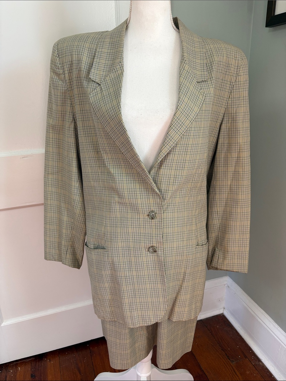 Vintage 1990s Ann Taylor Plaid Skirt Suit Set Yellow Blue Size 8 / 10 Cotton